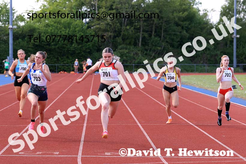 Womens under-20s 100 metres, 2025 North Eastern Track and Field Champs., Shildon, County Durham. Photo: David T. Hewitson/Sports for All Pics